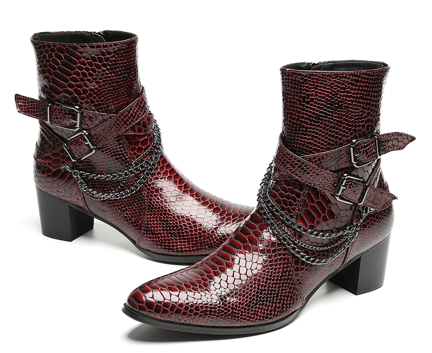 Mens Snakeskin Burgundy Leather Chains Buckles Cowboy Western Boots