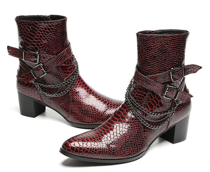 Mens Snakeskin Burgundy Leather Chains Buckles Cowboy Western Boots