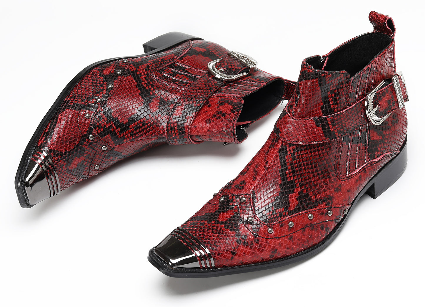 Mens Snakeskin Zipper Side Studded Buckle Western Boots