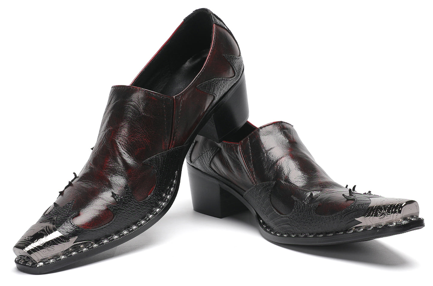 Mens Genuine Leather Metal Pointed Toe Two Tone Western Loafers
