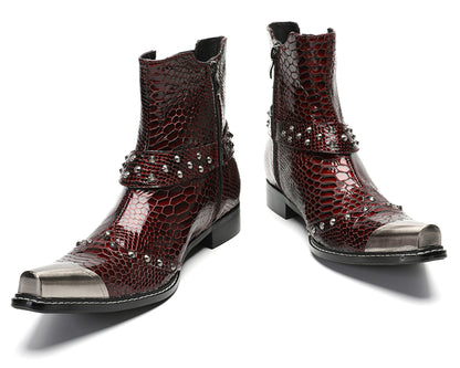 Mens Top-Grain Leather Studded Strap & Side Zipper Cowboy Western Boots