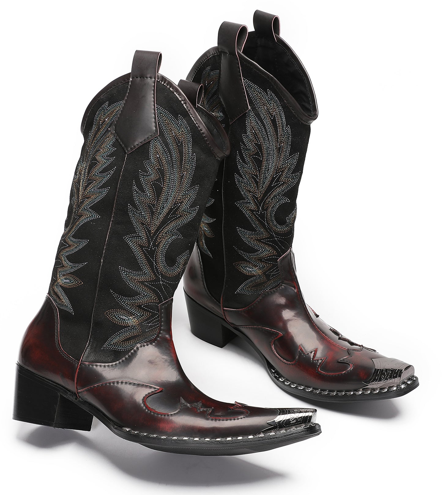Mens Genuine Leather Metal Wingtip Toe Embroidered Pull On Western Cowboy Boots