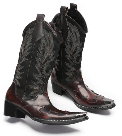 Mens Genuine Leather Metal Wingtip Toe Embroidered Pull On Western Cowboy Boots