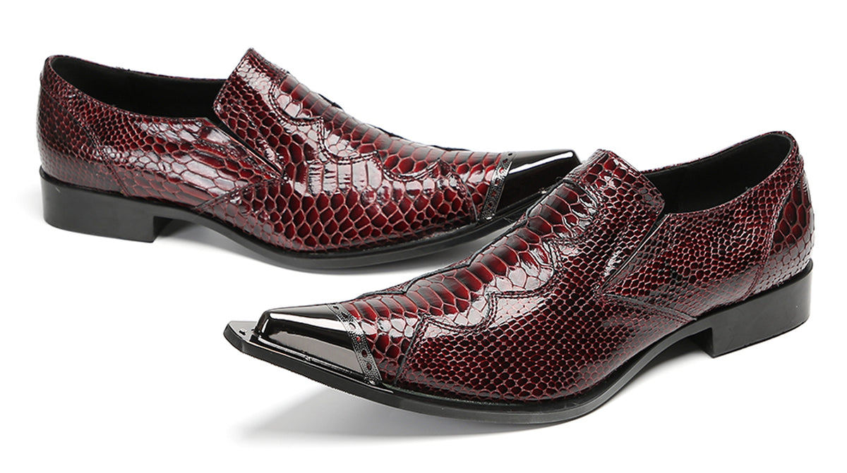 Mens Metal Toe Cap Burgundy Red Crocodile Pattern Western Loafers