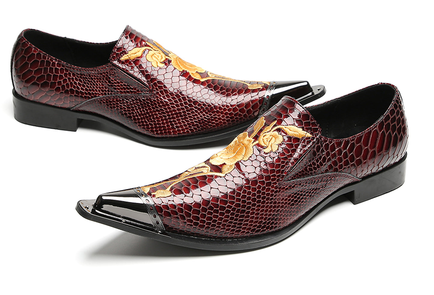 Mens Embroidered Rose Snake Pattern Patent Leather Western Loafers