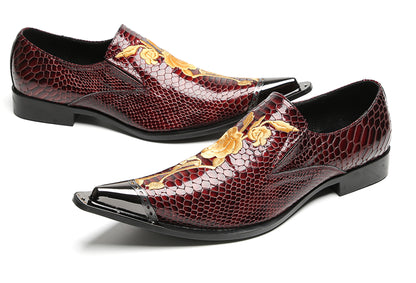Mens Embroidered Rose Snake Pattern Patent Leather Western Loafers