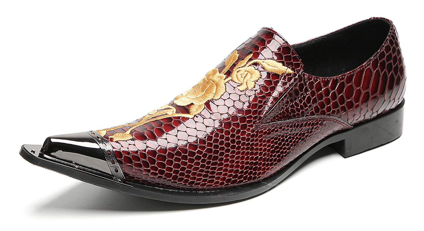 Mens Embroidered Rose Snake Pattern Patent Leather Western Loafers