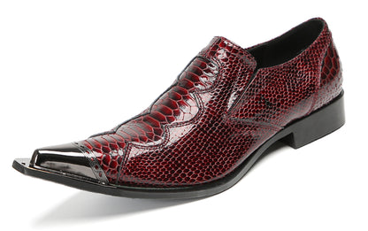 Mens Metal Toe Cap Burgundy Red Crocodile Pattern Western Loafers