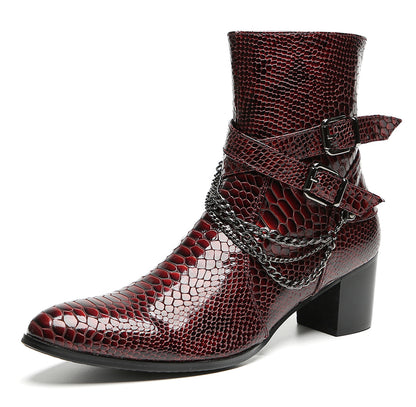 Mens Snakeskin Burgundy Leather Chains Buckles Cowboy Western Boots