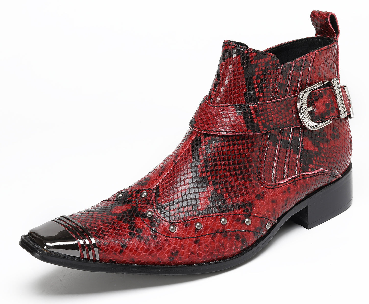 Mens Snakeskin Zipper Side Studded Buckle Western Boots