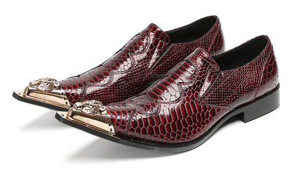 Mens Metal Toe Cap Burgundy Red Crocodile Pattern Western Loafers