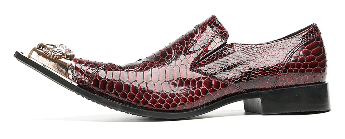 Mens Metal Toe Cap Burgundy Red Crocodile Pattern Western Loafers