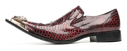 Mens Metal Toe Cap Burgundy Red Crocodile Pattern Western Loafers