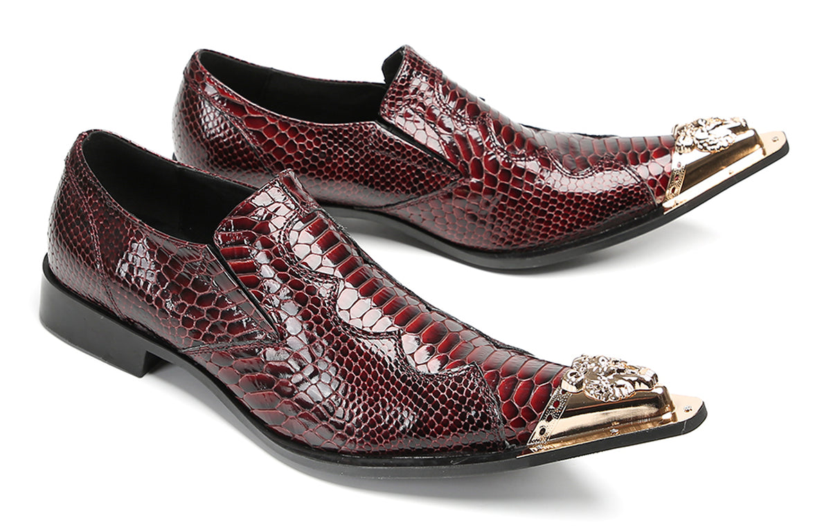 Mens Metal Toe Cap Burgundy Red Crocodile Pattern Western Loafers