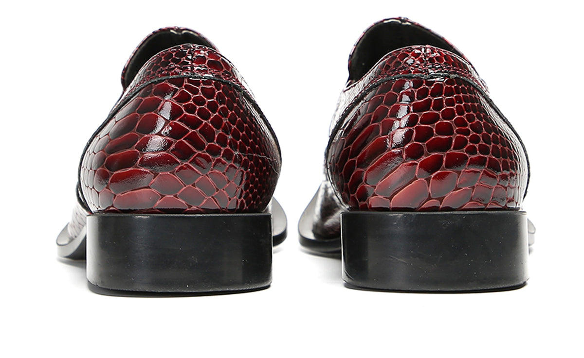 Mens Metal Toe Cap Burgundy Red Crocodile Pattern Western Loafers