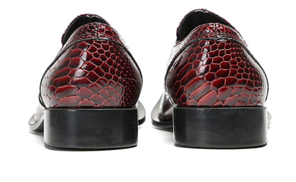 Mens Metal Toe Cap Burgundy Red Crocodile Pattern Western Loafers