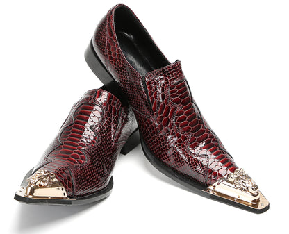 Mens Metal Toe Cap Burgundy Red Crocodile Pattern Western Loafers