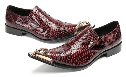 Mens Metal Toe Cap Burgundy Red Crocodile Pattern Western Loafers