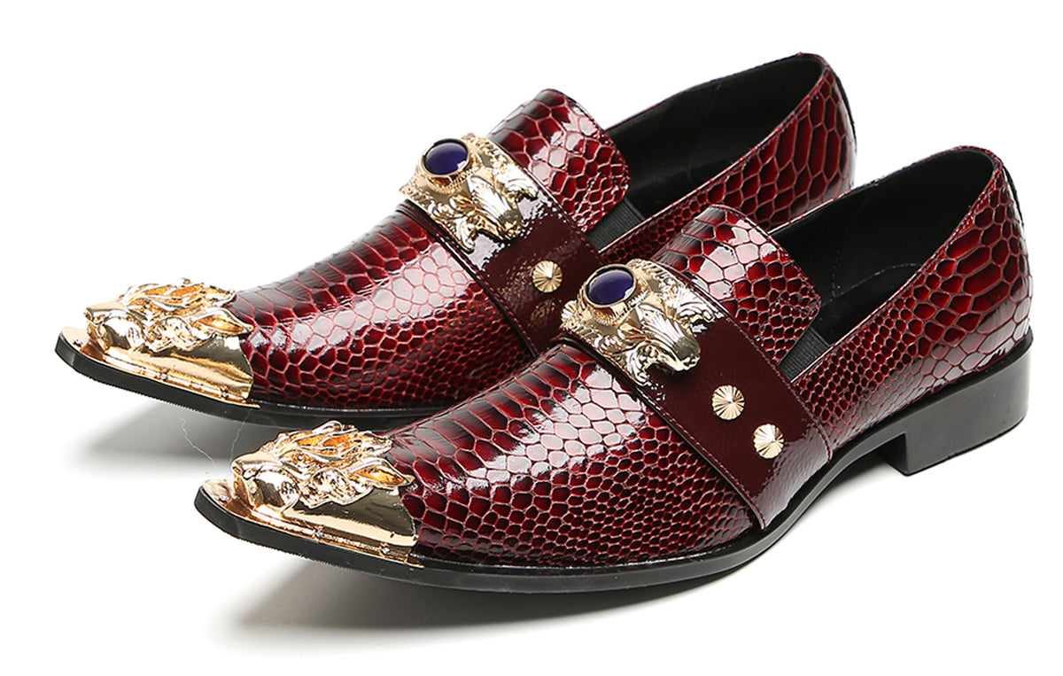 Mens Metal Pointed Lion Toe Gem Detail Western Loafers