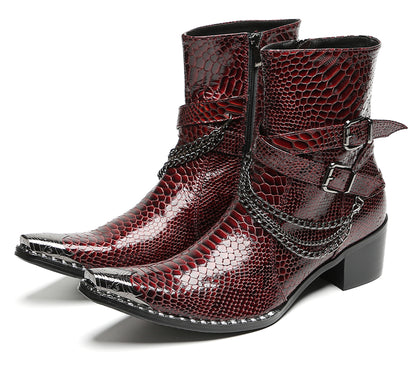 Mens Snakeskin Burgundy Leather Chains Buckles Cowboy Western Boots