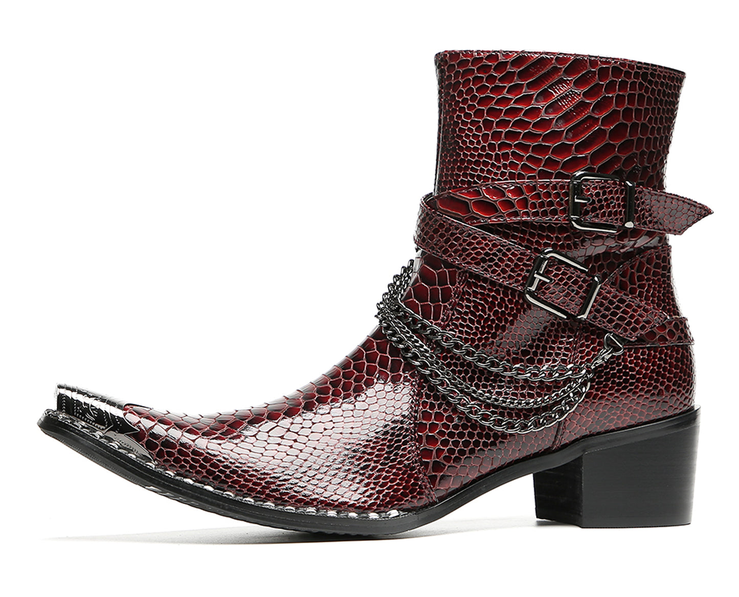 Mens Snakeskin Burgundy Leather Chains Buckles Cowboy Western Boots