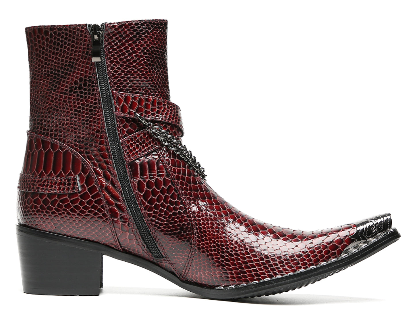 Mens Snakeskin Burgundy Leather Chains Buckles Cowboy Western Boots