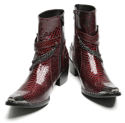 Mens Snakeskin Burgundy Leather Chains Buckles Cowboy Western Boots