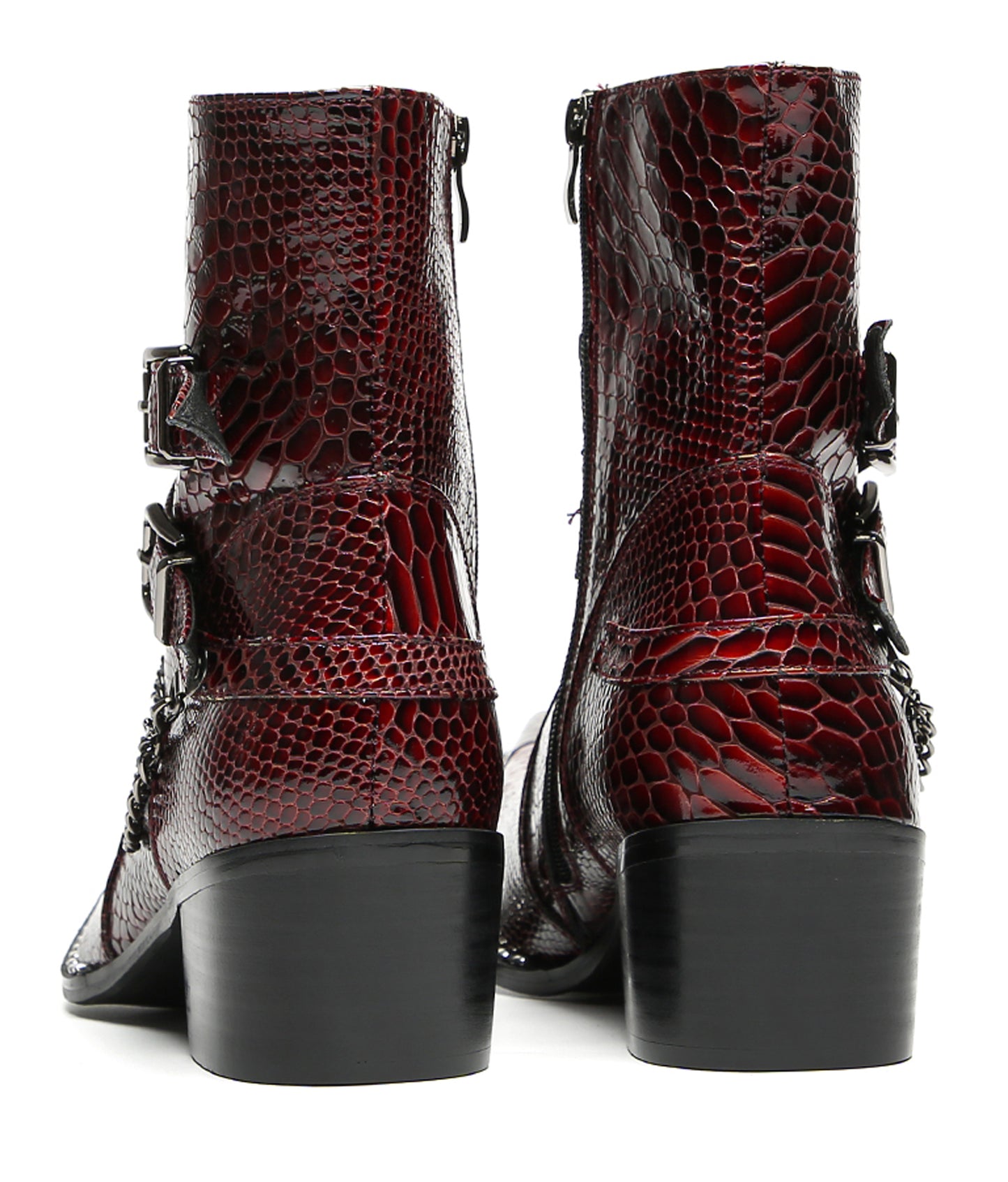 Mens Snakeskin Burgundy Leather Chains Buckles Cowboy Western Boots