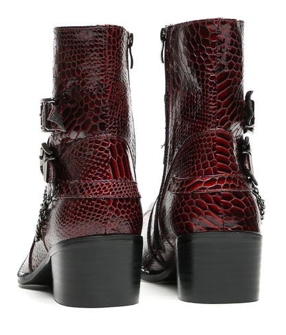 Mens Snakeskin Burgundy Leather Chains Buckles Cowboy Western Boots
