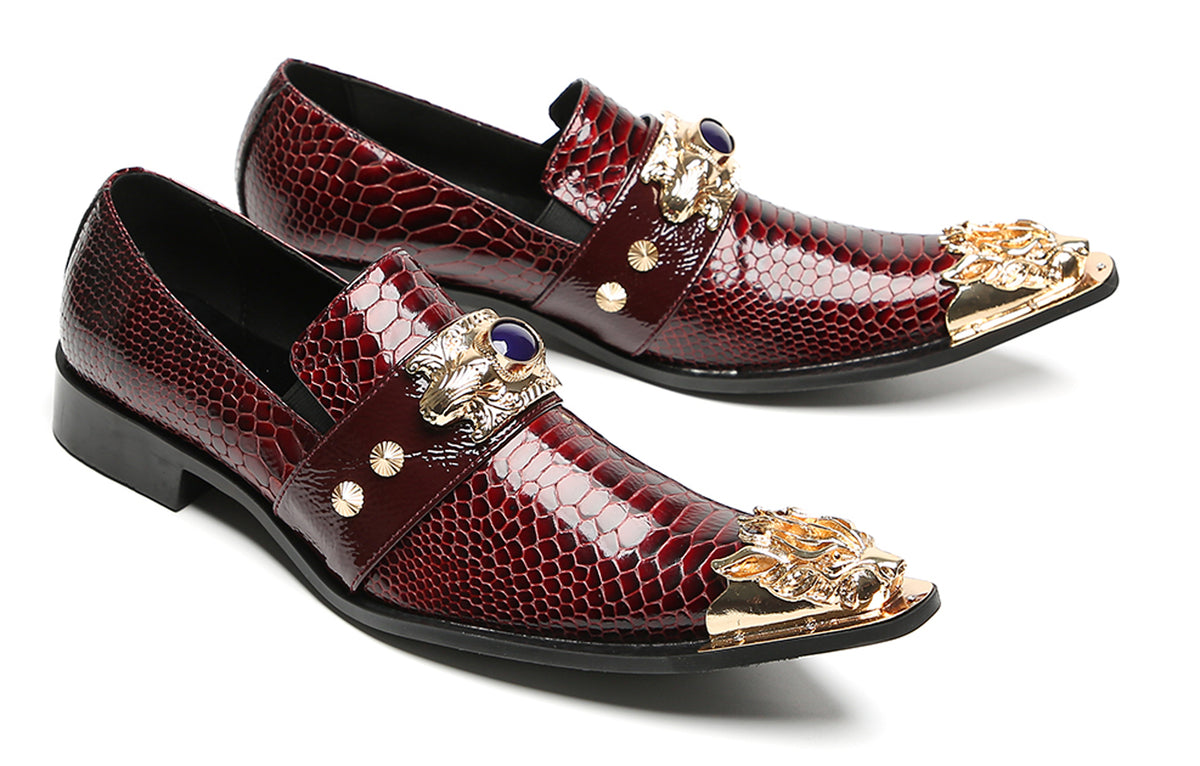 Mens Metal Pointed Lion Toe Gem Detail Western Loafers