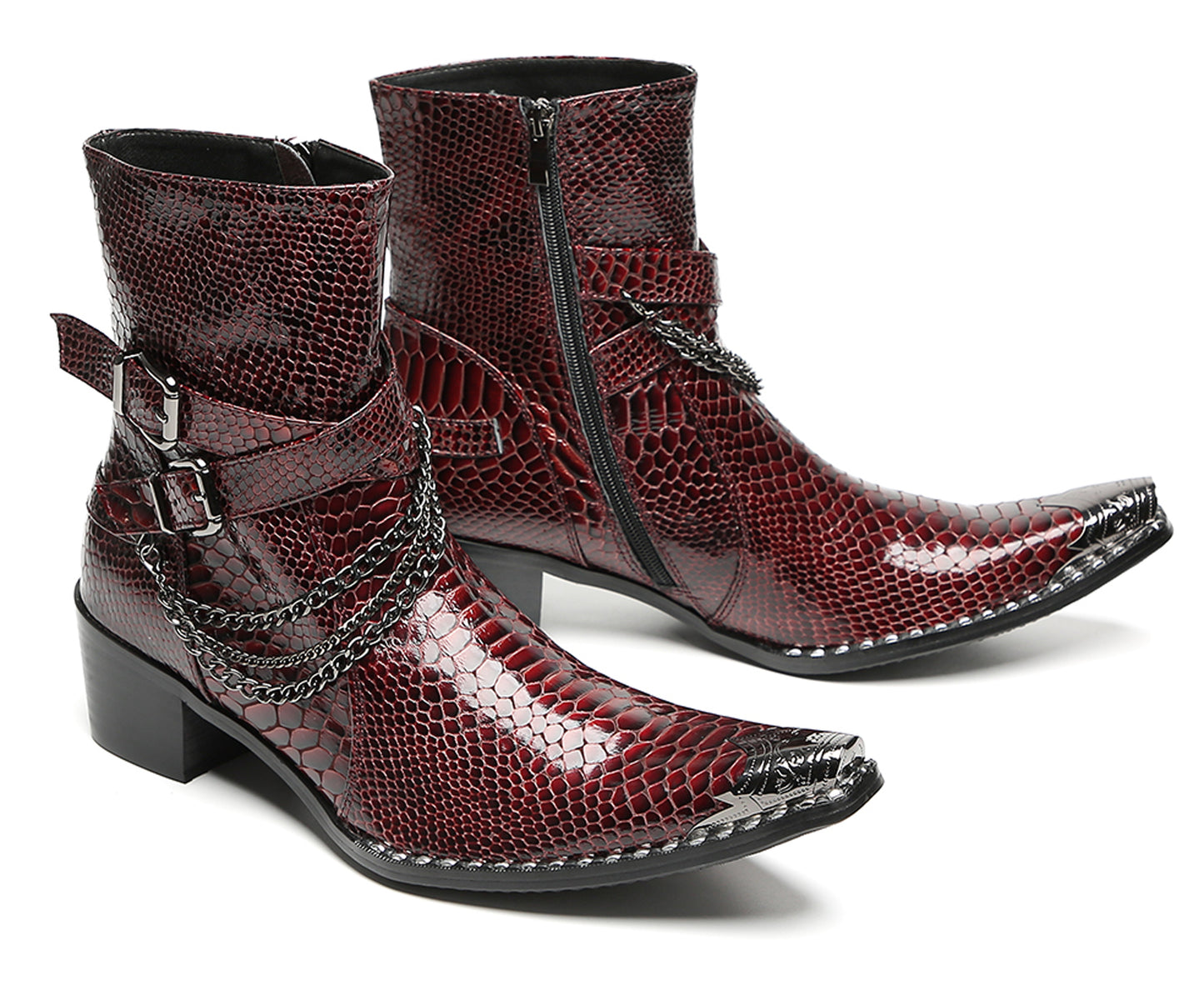 Mens Snakeskin Burgundy Leather Chains Buckles Cowboy Western Boots