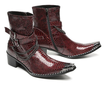 Mens Snakeskin Burgundy Leather Chains Buckles Cowboy Western Boots