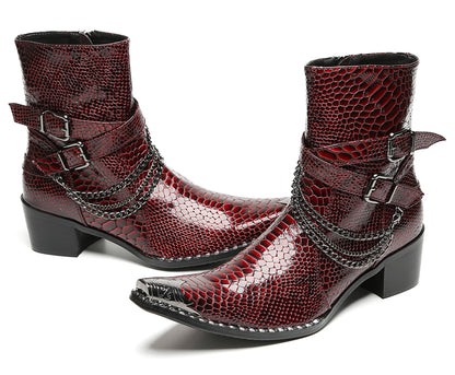 Mens Snakeskin Burgundy Leather Chains Buckles Cowboy Western Boots
