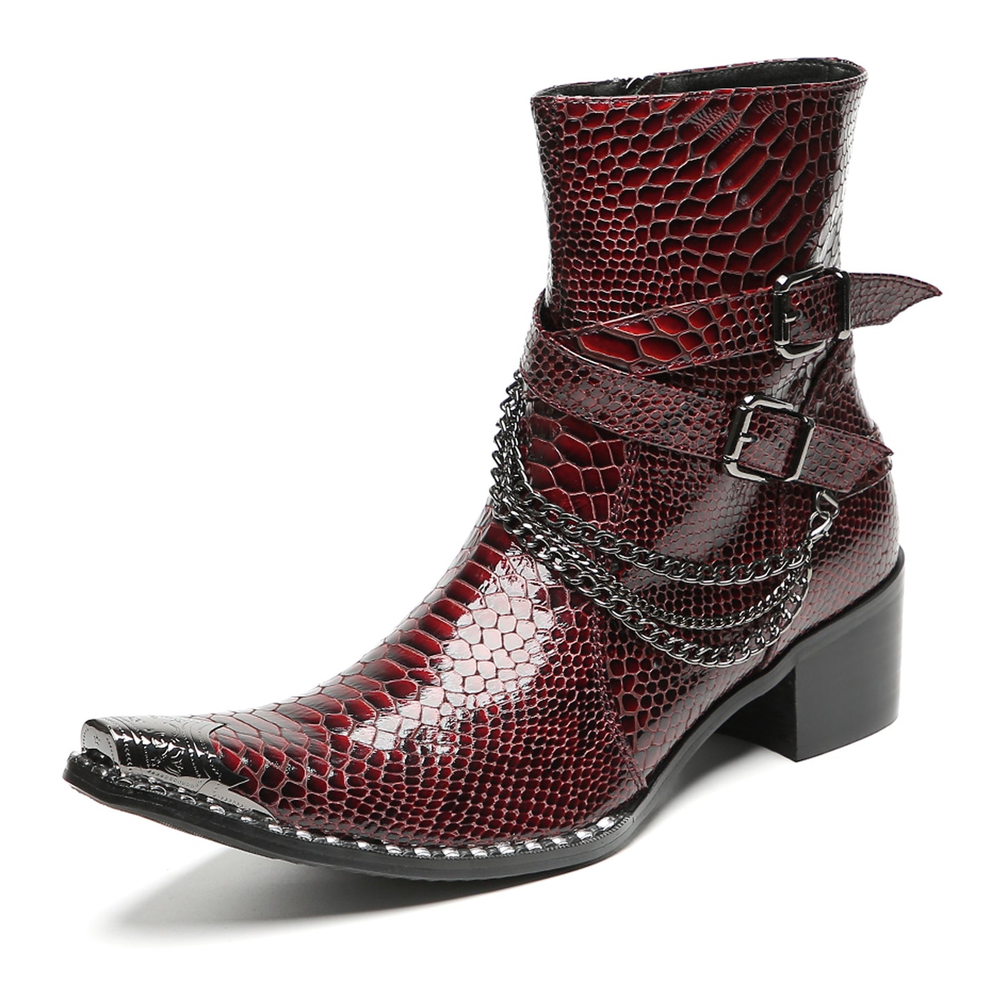 Mens Snakeskin Burgundy Leather Chains Buckles Cowboy Western Boots