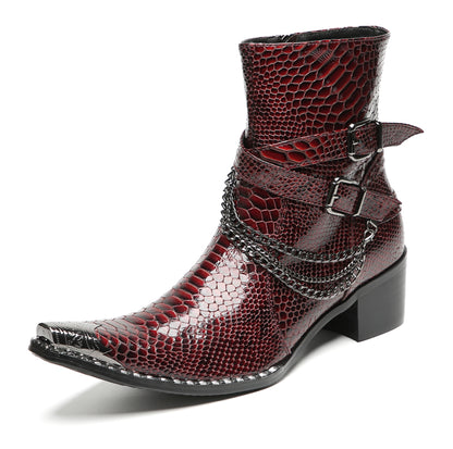 Mens Snakeskin Burgundy Leather Chains Buckles Cowboy Western Boots
