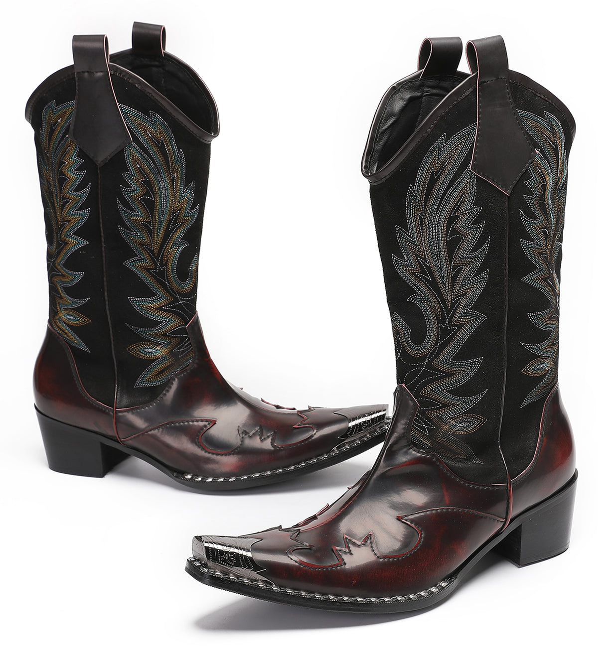 Mens Genuine Leather Metal Wingtip Toe Embroidered Pull On Western Cowboy Boots