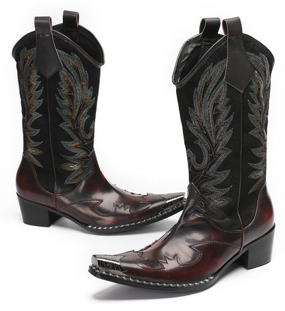 Mens Genuine Leather Metal Wingtip Toe Embroidered Pull On Western Cowboy Boots