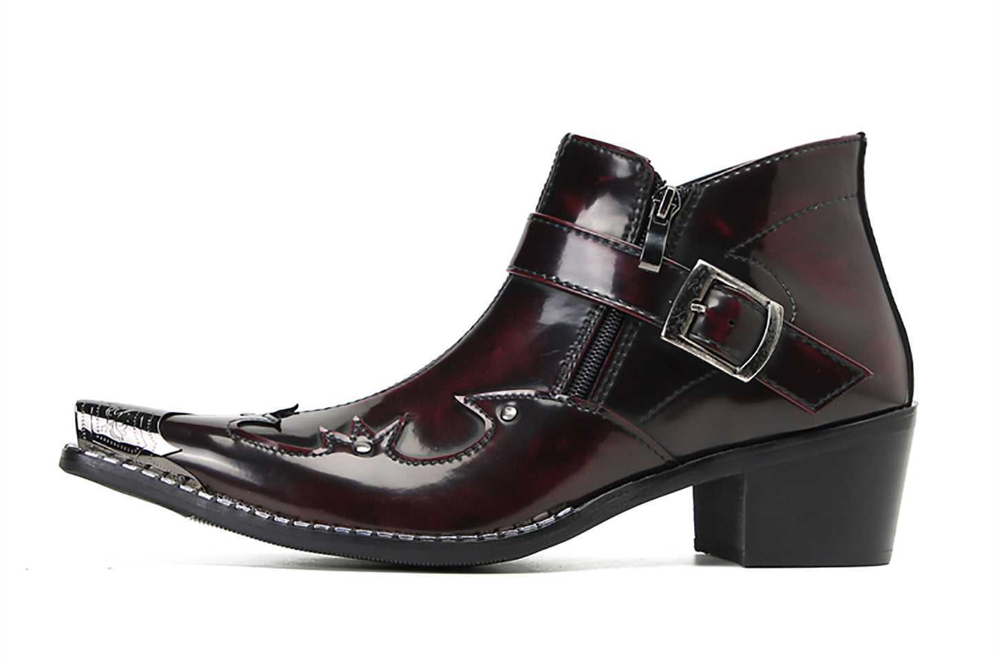 Mens Metal Pointed Toe Buckle Beaded Doule Zipper Western Boots