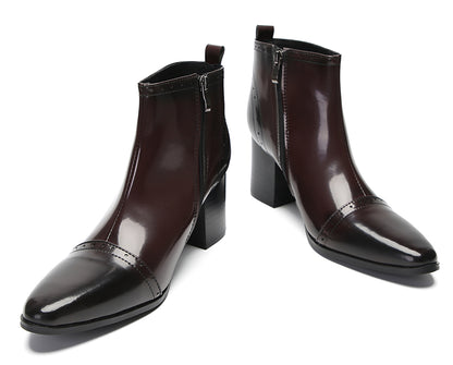 Mens Patent Leather Zipper On Side Mid Calf Heel Ankle Boots