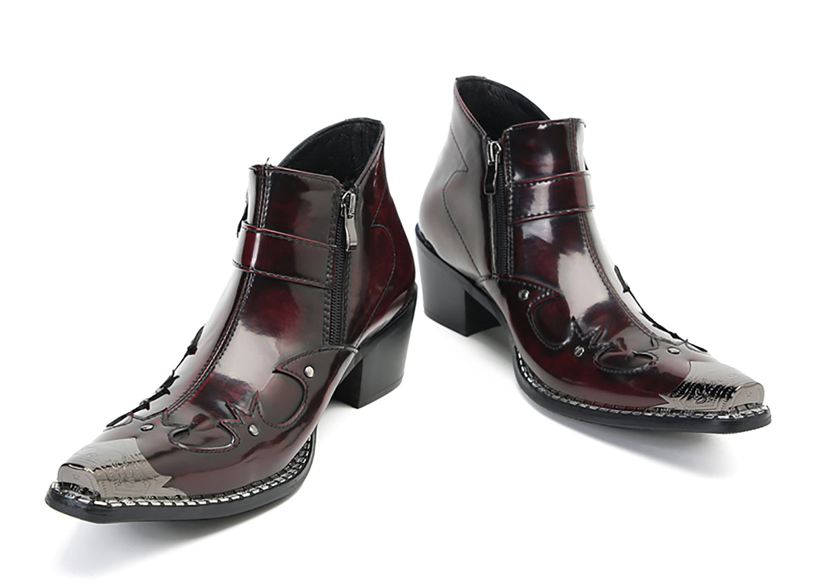 Mens Metal Pointed Toe Buckle Beaded Doule Zipper Western Boots