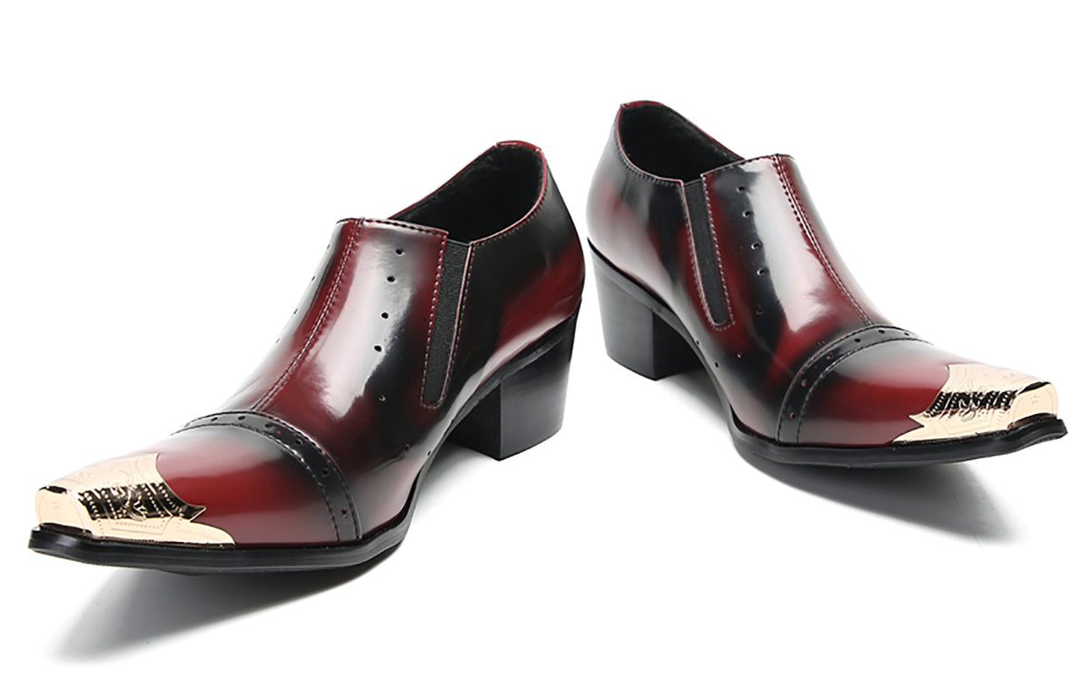 Mens Leather Metal Pointed Toe Heel Western Loafers