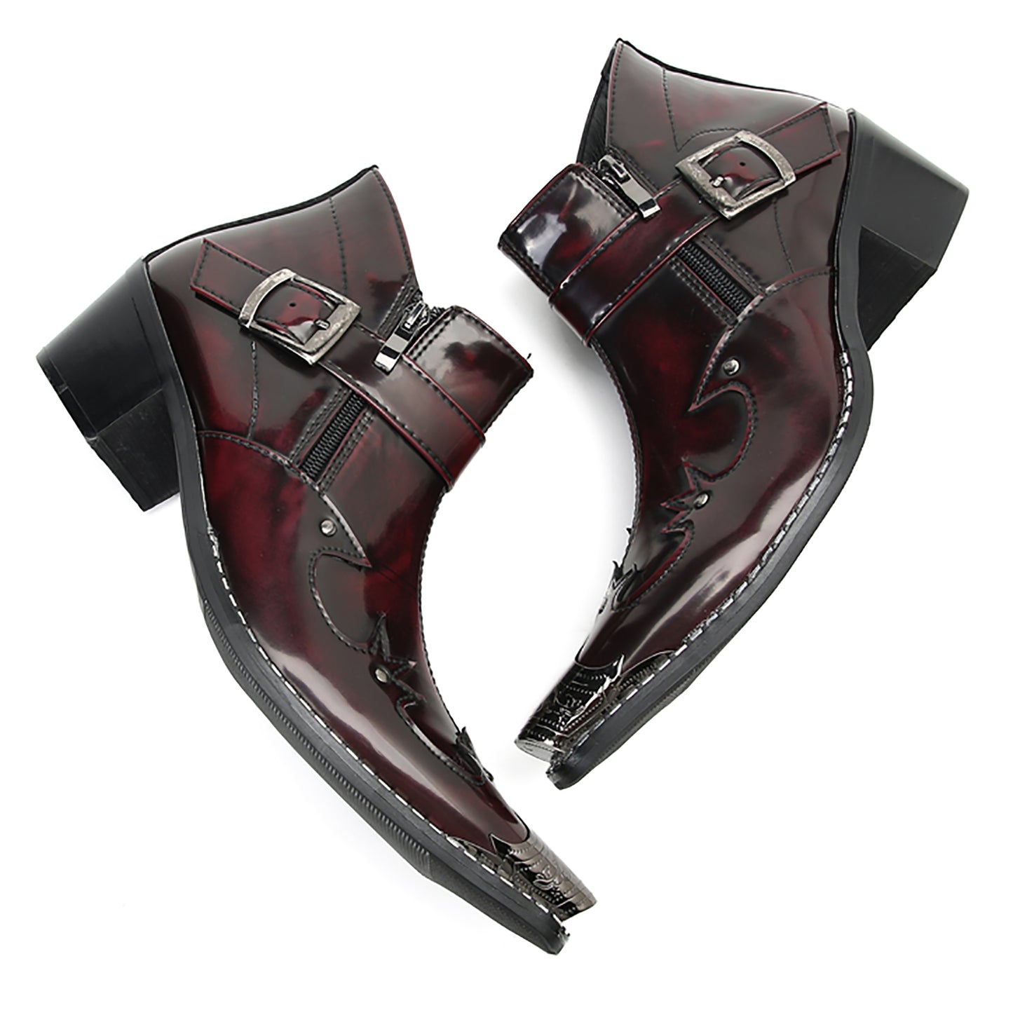 Mens Metal Pointed Toe Buckle Beaded Doule Zipper Western Boots
