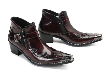 Mens Metal Pointed Toe Buckle Beaded Doule Zipper Western Boots