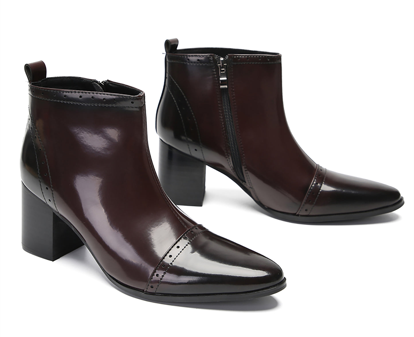 Mens Patent Leather Zipper On Side Mid Calf Heel Ankle Boots