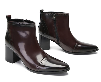 Mens Patent Leather Zipper On Side Mid Calf Heel Ankle Boots
