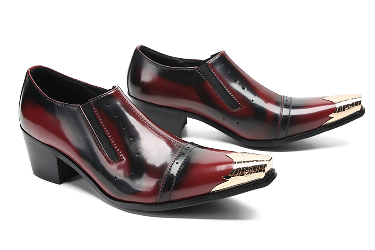 Mens Leather Metal Pointed Toe Heel Western Loafers