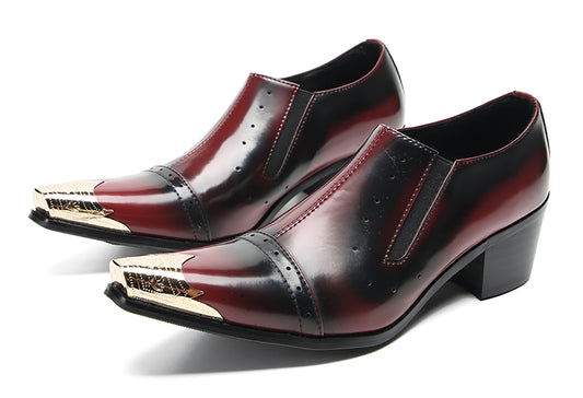 Mens Leather Metal Pointed Toe Heel Western Loafers