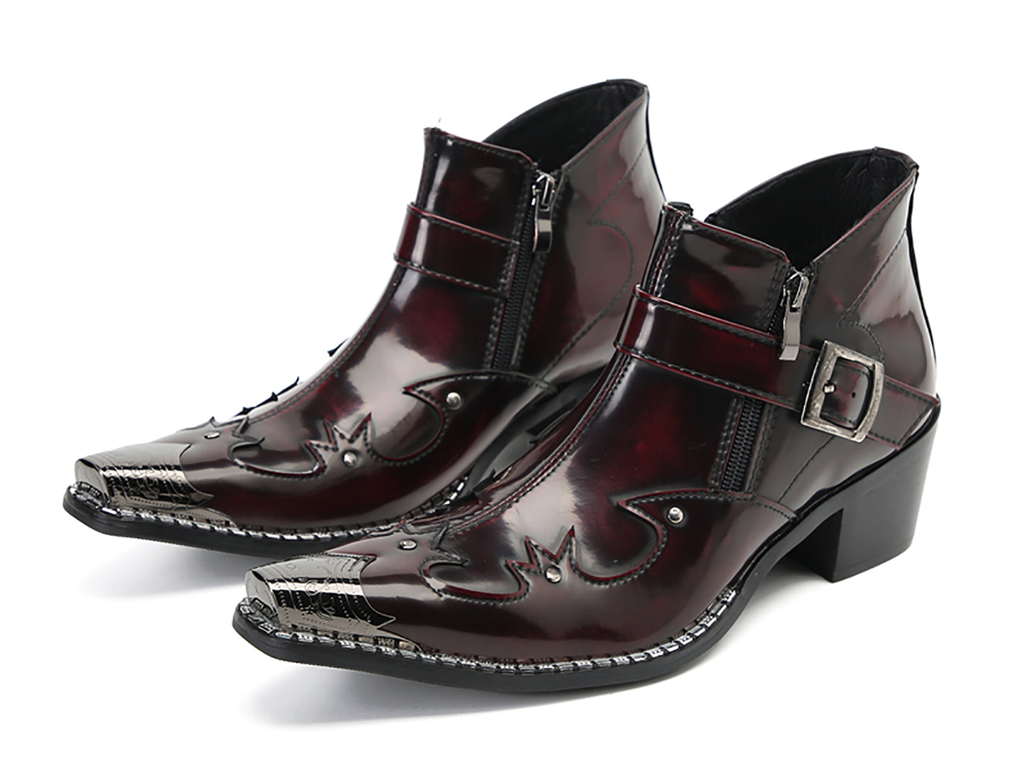 Mens Metal Pointed Toe Buckle Beaded Doule Zipper Western Boots