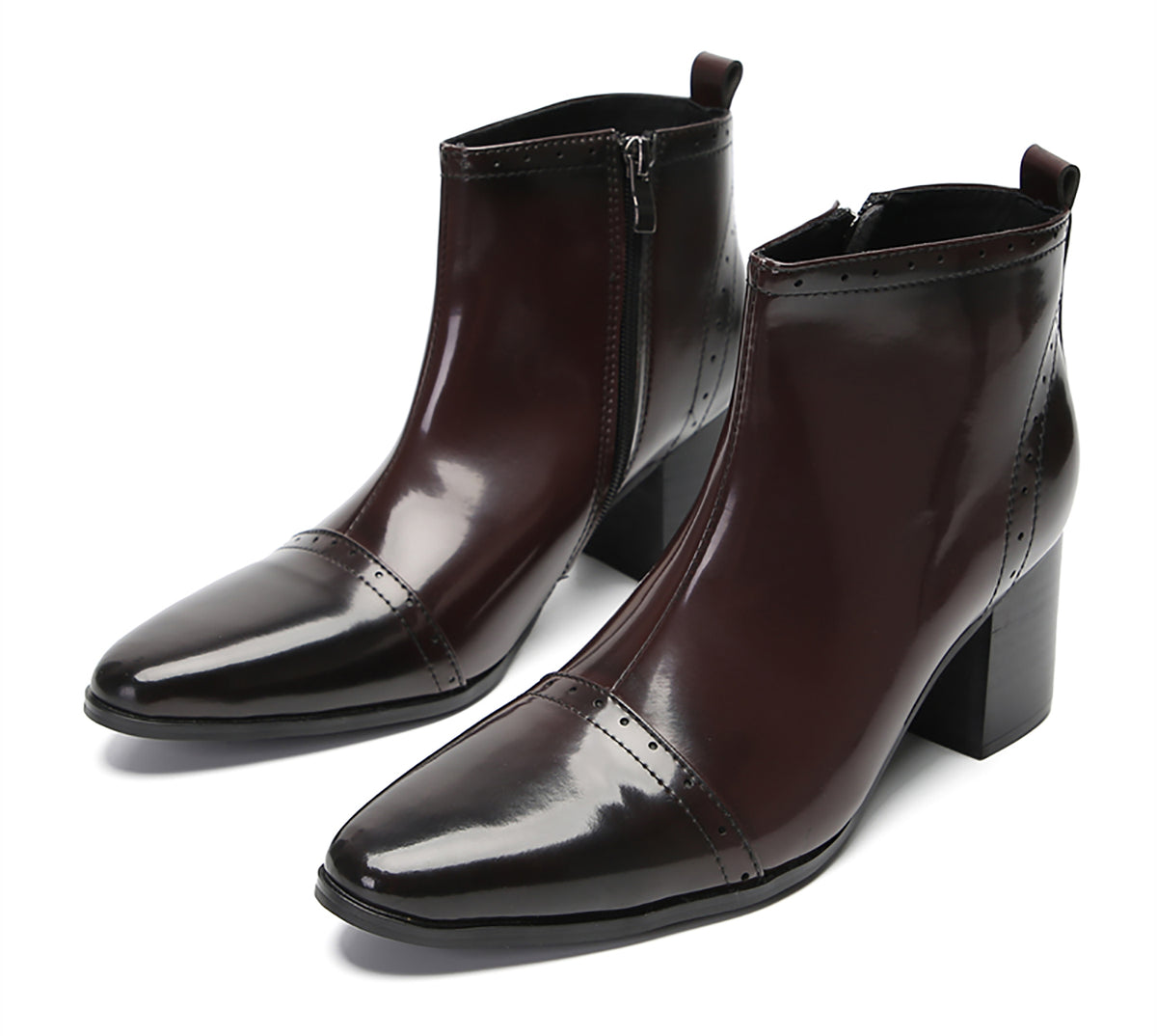 Mens Patent Leather Zipper On Side Mid Calf Heel Ankle Boots