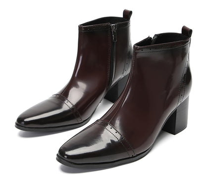Mens Patent Leather Zipper On Side Mid Calf Heel Ankle Boots